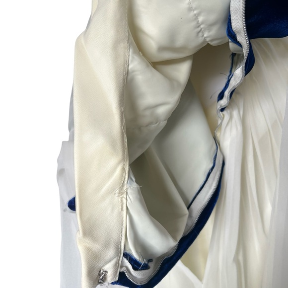 Vintage Velvet Chiffon Long Sleeve Maxi Dress Floral Applique Blue White - Picture 10 of 16